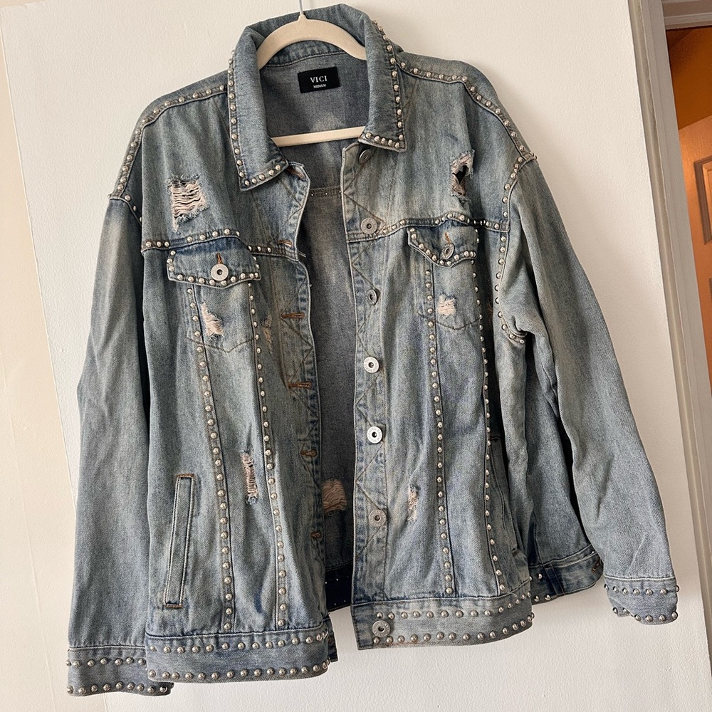 Vici Distressed Denim Jacket with Studded Details